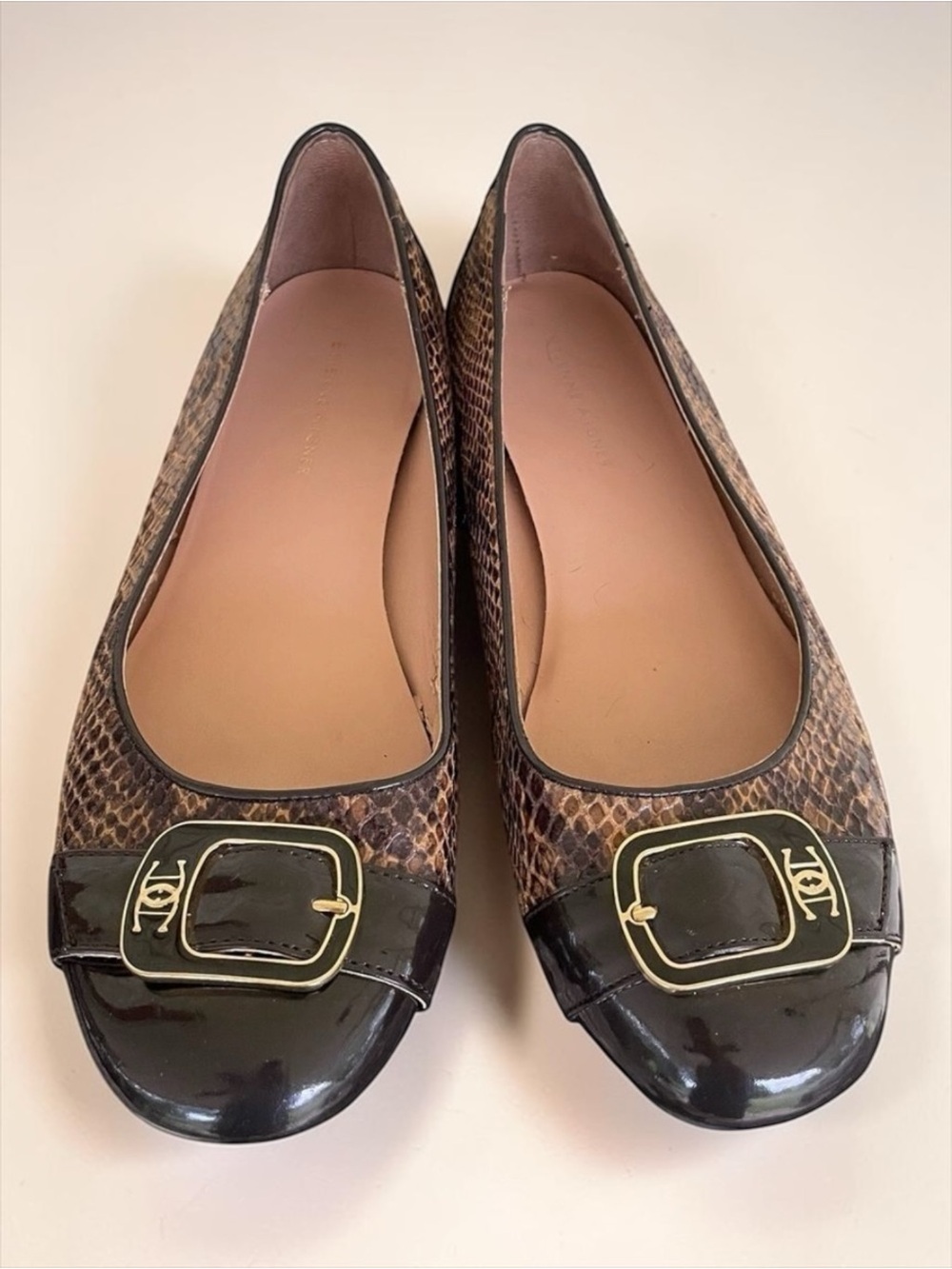 Etienne Aigner Reptile Print Ballet Flats Patent Cap Toe Shoes 38 7.5